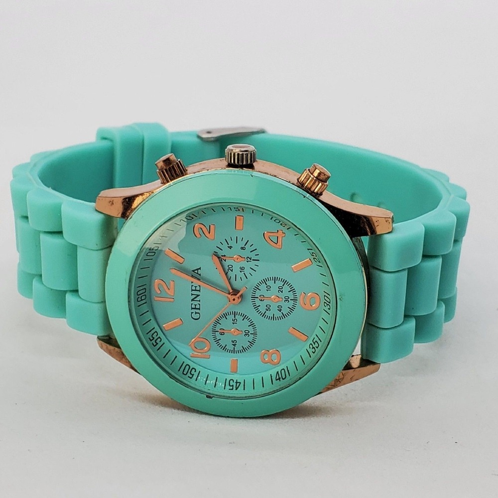 Women Watch 38MM Teal Dial Teal Gold‎ Case Teal Plastic Band Straps New Battery